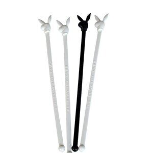 4 Black & White Vintage 1970's "The Playboy Club" Bunny Swizzle Sticks Stirrer..